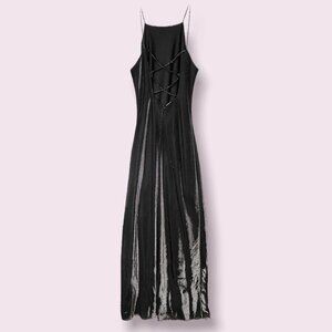 Vintage high neck shimmery silver metallic black evening dress! - size 9/10